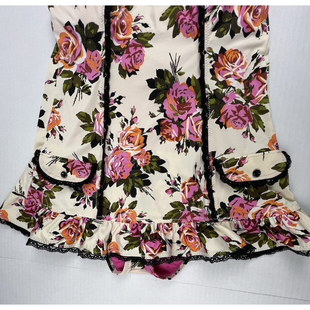BETSEY JOHNSON One-Piece Skirted Corset Floral Cream Pink Black Lace Bows Small - Picture 5 of 12